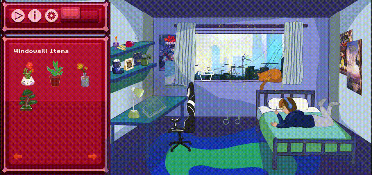 Lofi Maker is a 2D drag-and-drop dress-up game where players get to create their own lofi tunes and customize their lofi environments.